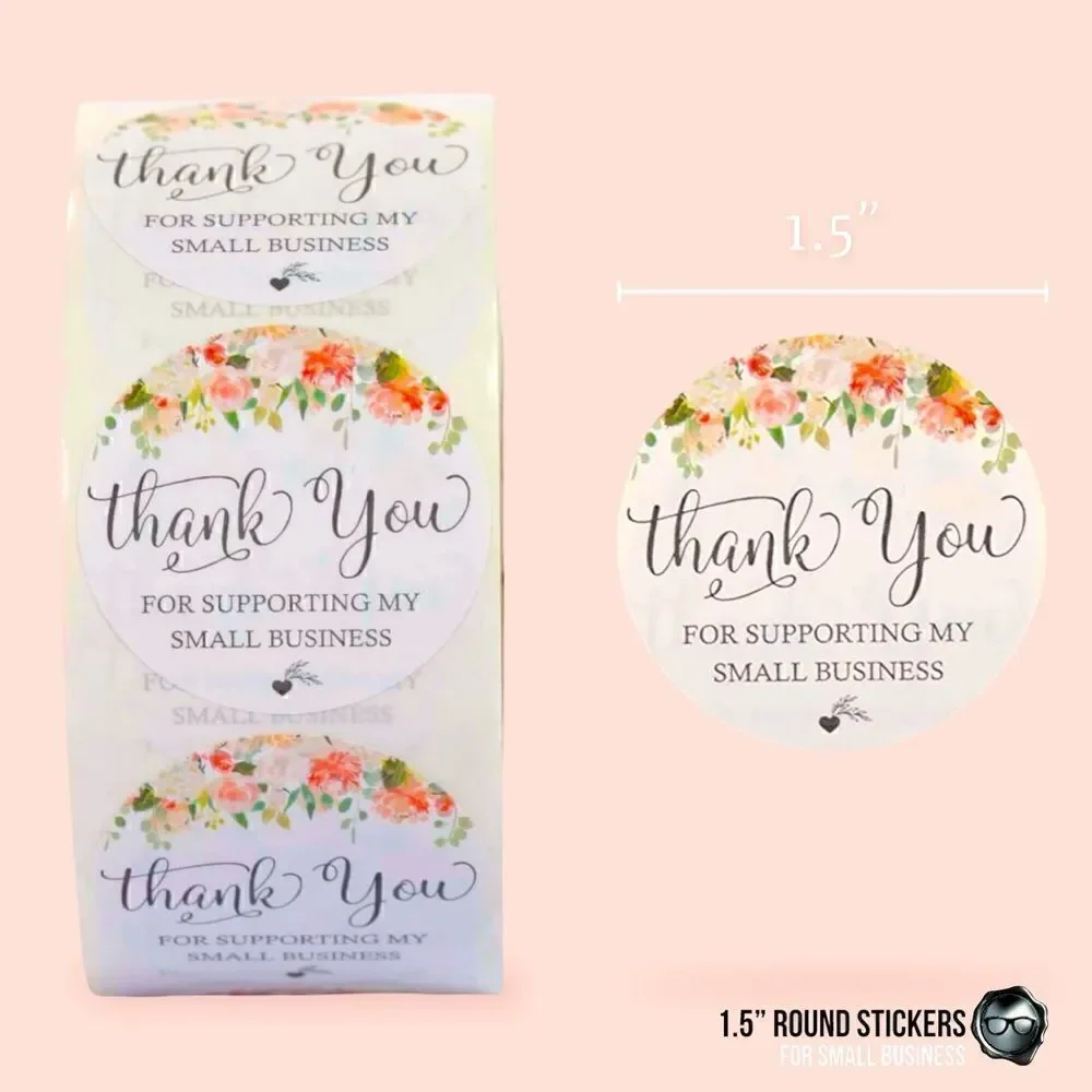 BULK ROLL PASTEL FLORAL STICKERS THANK YOU FOR SUPPORTING MY SMALL BUSINESS 1.5”